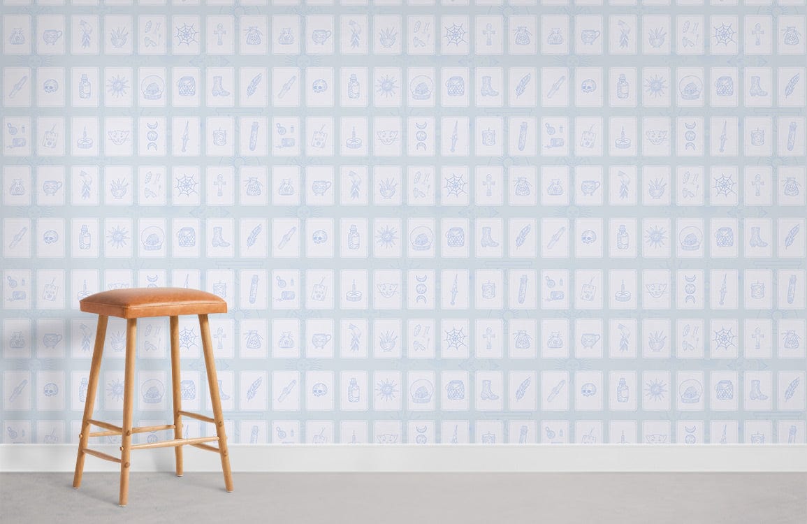 Elegant Blue Icons Pattern Wallpaper with wooden stool in minimalist living space, sleek concrete flooring.