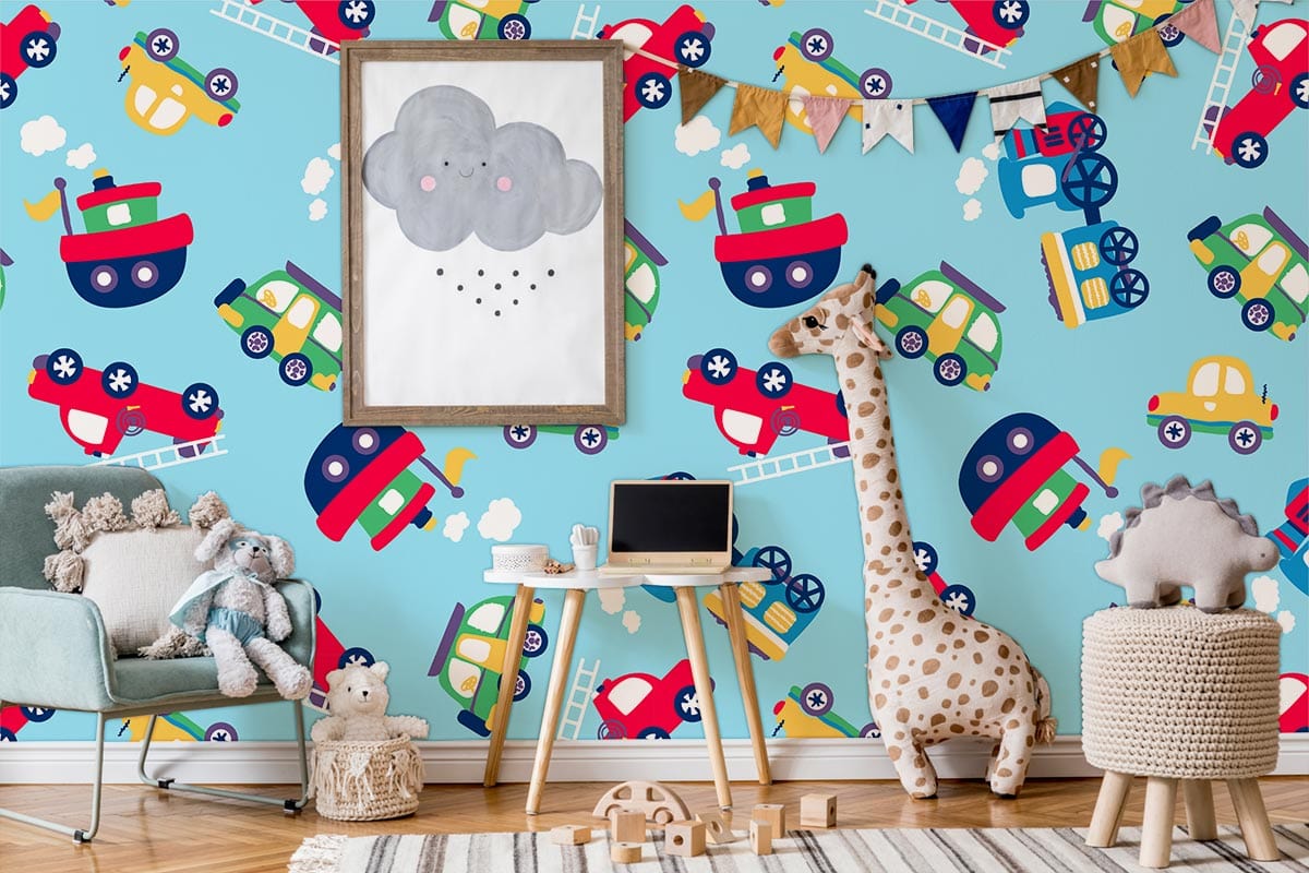 Children's room with Colourful Vehicles Wallpaper, plush giraffe, wooden floor, pastel sofa, playful decor.