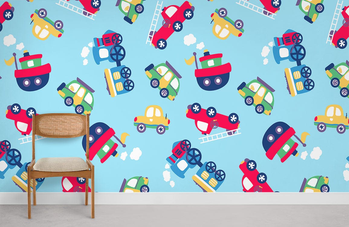 Colourful vehicles children's wallpaper, playful transport theme in blue bedroom, neutral chair, grey flooring.