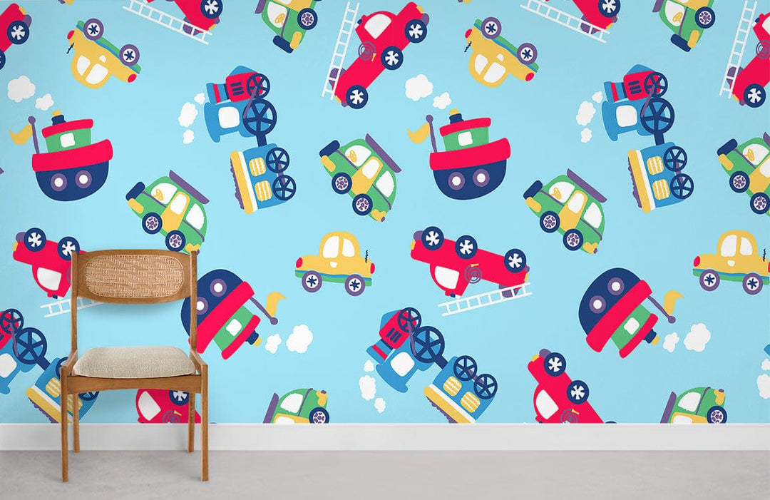 Colourful vehicles children's wallpaper, playful transport theme in blue bedroom, neutral chair, grey flooring.