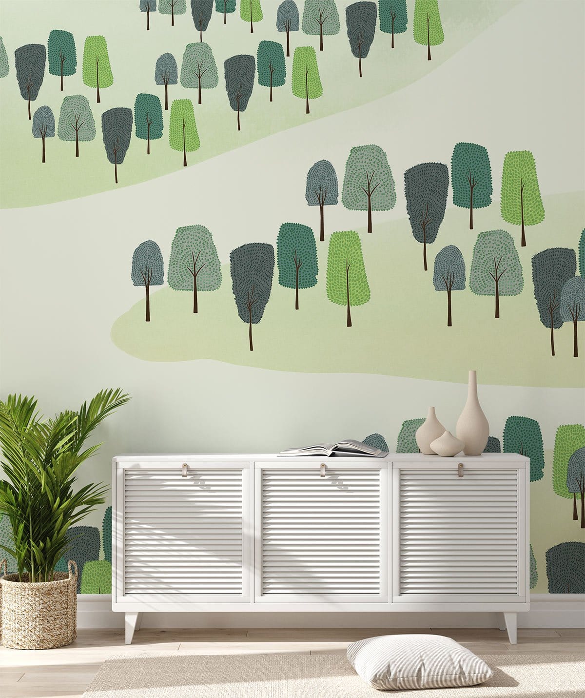 Calm Green Forest Wallpaper in modern room, white sideboard, natural flooring, minimalist decor.