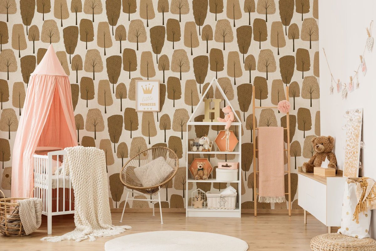 Rustic Autumn Tree Pattern Wallpaper enhances nursery with pink canopy, wooden flooring, Scandinavian decor.