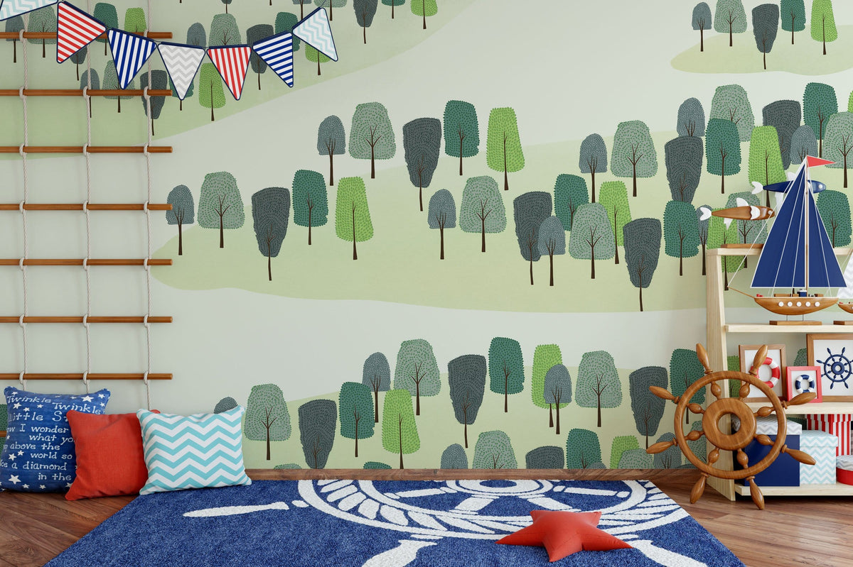 Calm Green Forest Landscape Wallpaper, nautical-themed playroom, striped bunting, wooden flooring, modern decor.