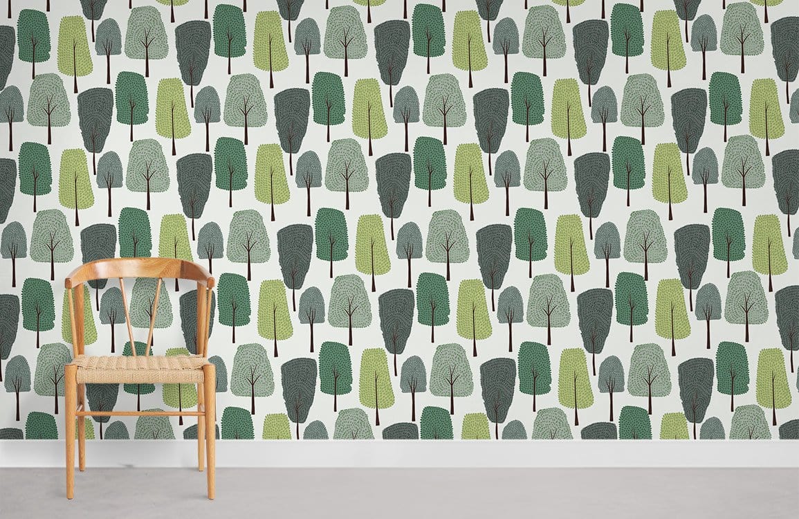 Green Scandinavian forest patterned wallpaper with wooden chair on grey flooring in modern interior design.