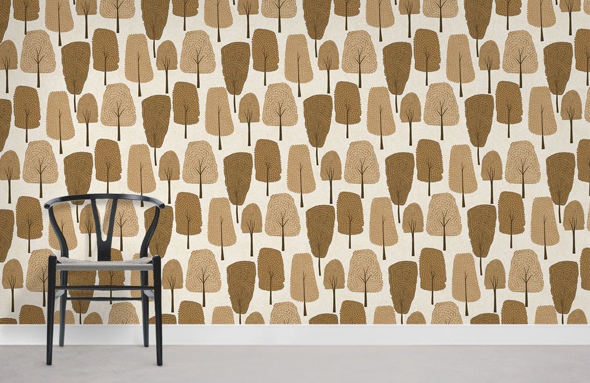 Rustic autumn tree pattern wallpaper with brown, beige, and cream design; black chair on grey floor.