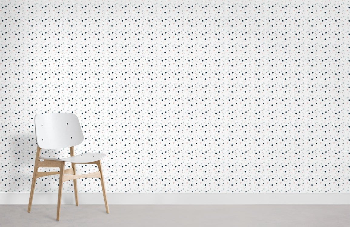 Classic black polka dot wallpaper, white chair, minimalist style, grey flooring, modern living room.