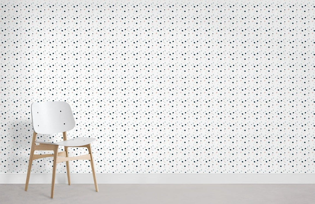 Classic black polka dot wallpaper, white chair, minimalist style, grey flooring, modern living room.