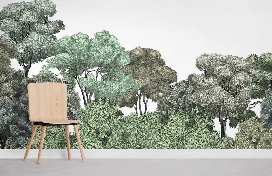 Chair against Serene Forest Green Canopy mural wallpaper in living room with wooden flooring.