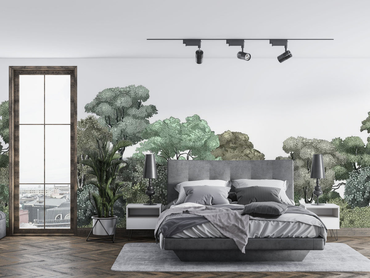 Modern bedroom with Forest Green Canopy Mural, soft grey bed, wooden flooring, panoramic window view.