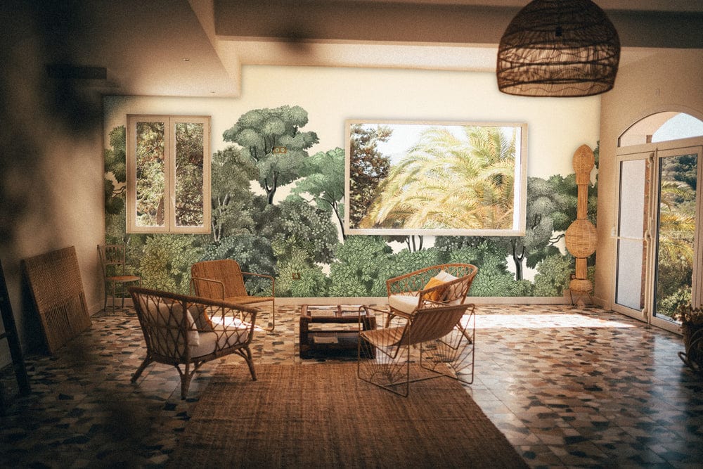 Living room with Serene Forest Green Canopy Mural Wallpaper, rattan chairs, tiled flooring, neutral decor.