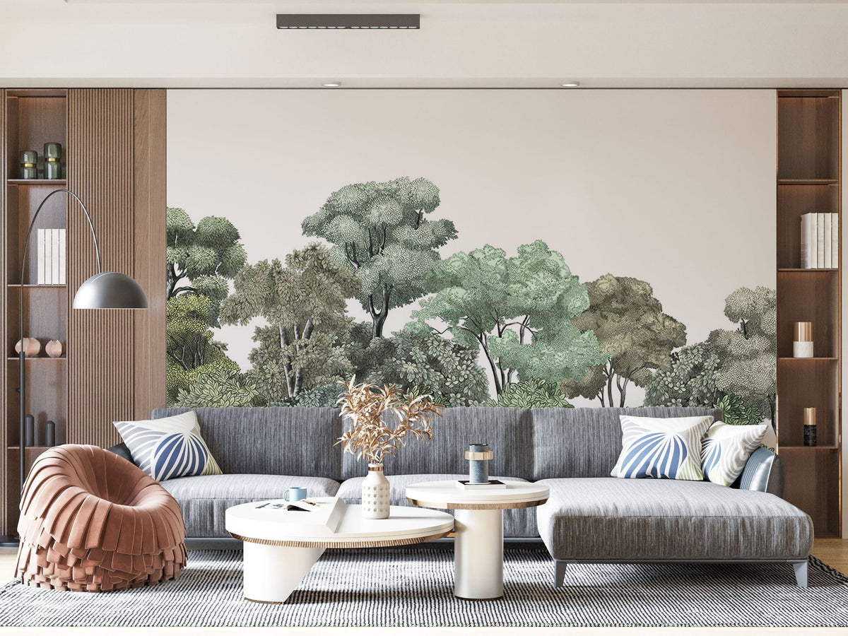 Serene Forest Green Canopy Mural Wallpaper in lounge; grey sofa, wooden shelves, modern lighting.