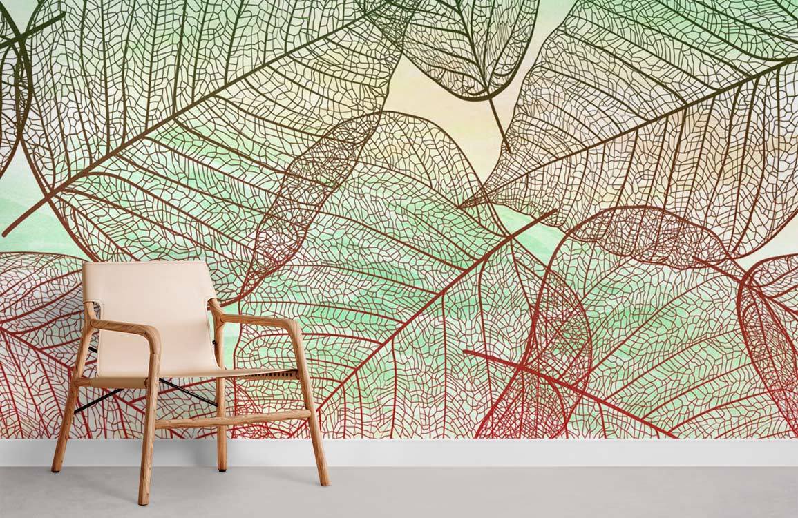 Autumn leaf patterned wallpaper in red and green, wooden chair, grey flooring, room setting.