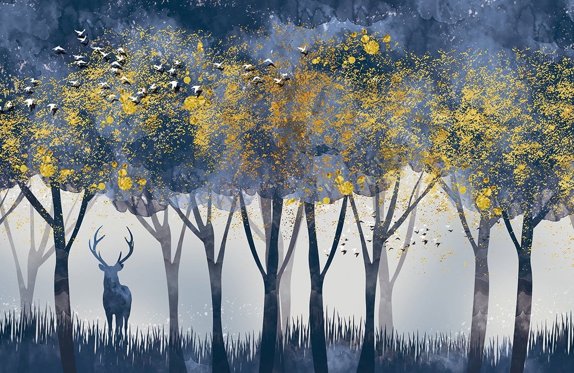 Elegant Silhouette: Forest Deer Mural Wallpaper in Blue and Gold Design