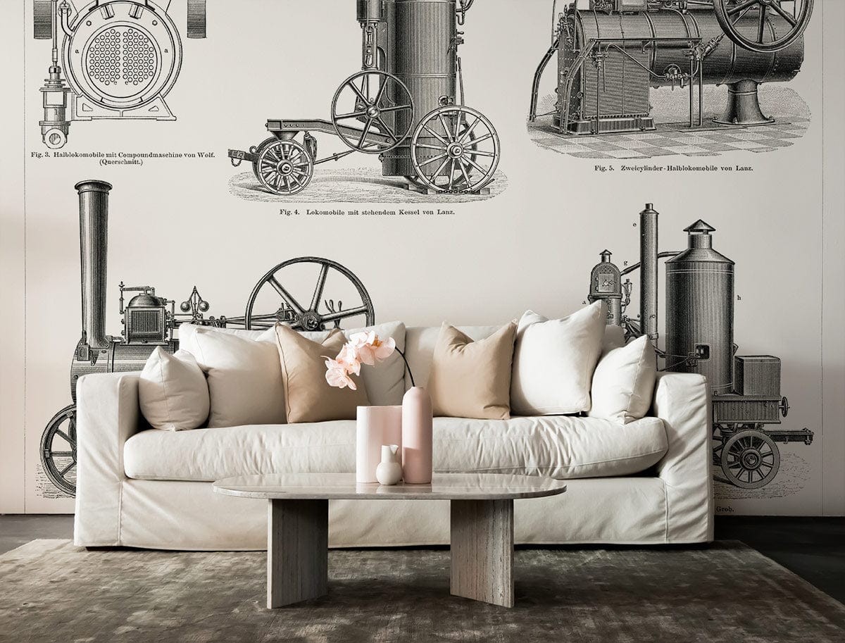 Vintage steam engine wallpaper, white sofa, wooden coffee table, industrial theme, living room, grey rug.