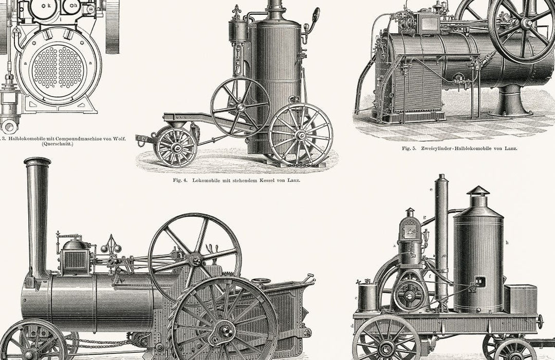 Vintage Steam Engine Wallpaper: Classic Black and White Industrial Design