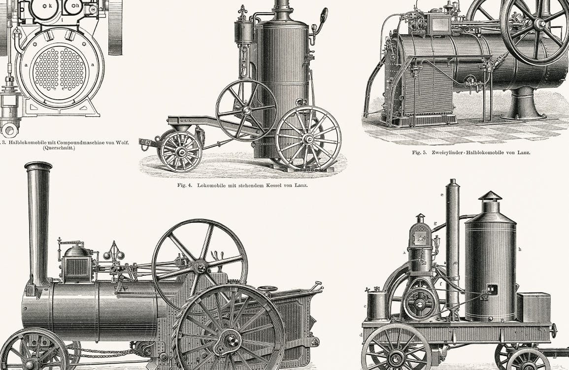 Vintage Steam Engine Wallpaper: Classic Black and White Industrial Design