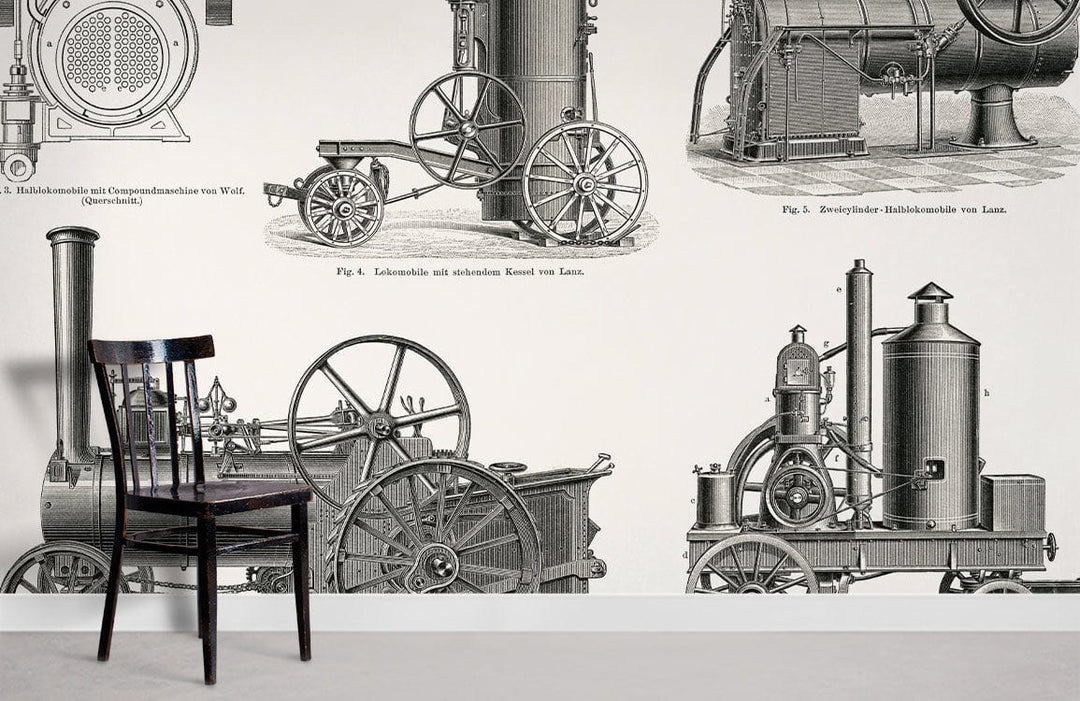 Vintage Steam Engine Wallpaper in monochrome, featuring a classic chair on wooden flooring in a room.