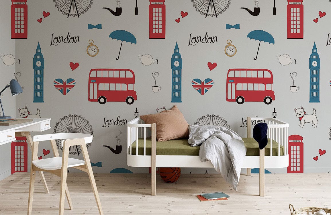 London-themed wallpaper, red-blue patterns, British motifs, stylish room with wooden flooring, modern furniture.