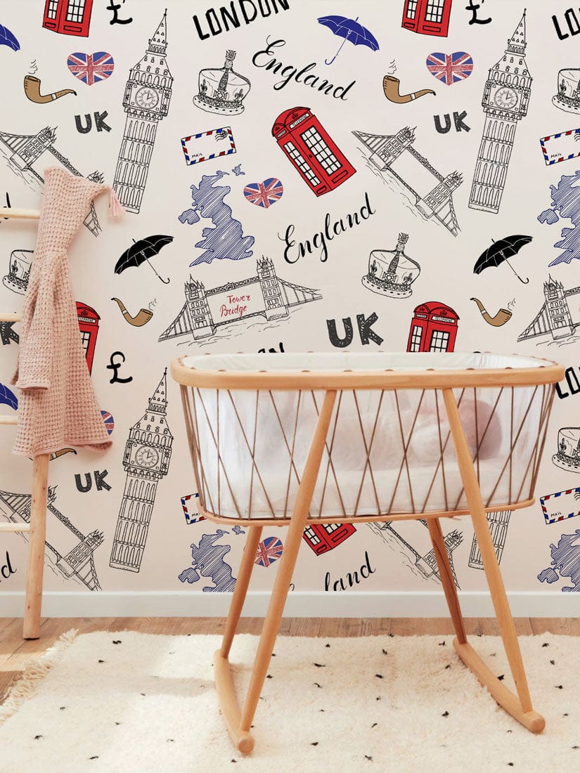 Vintage London Icons Wallpaper in nursery, featuring crib and patterned floor, British style decor.