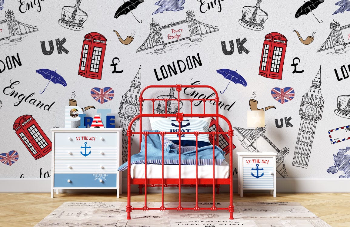 Red bed with Vintage London Icons Wallpaper, nautical-themed furniture, light wood flooring in children's room.