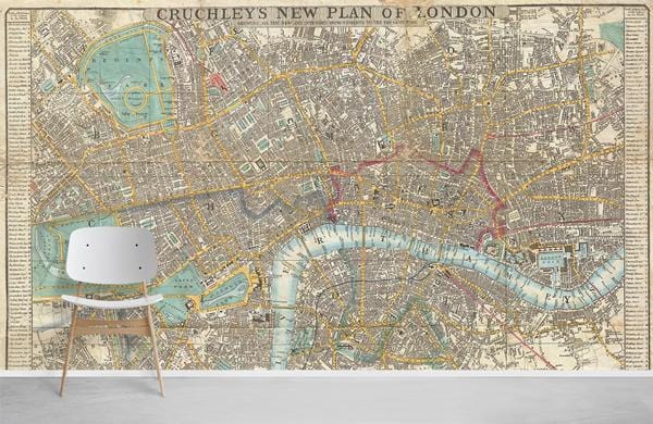 Vintage London map mural wallpaper, retro sepia design, modern chair, white wall, minimalist decor.