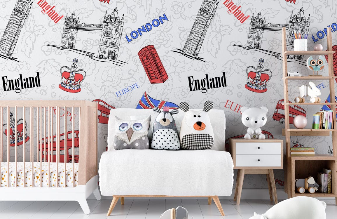 Vintage London Icons Mural Wallpaper with red and blue British design in cosy nursery with crib.