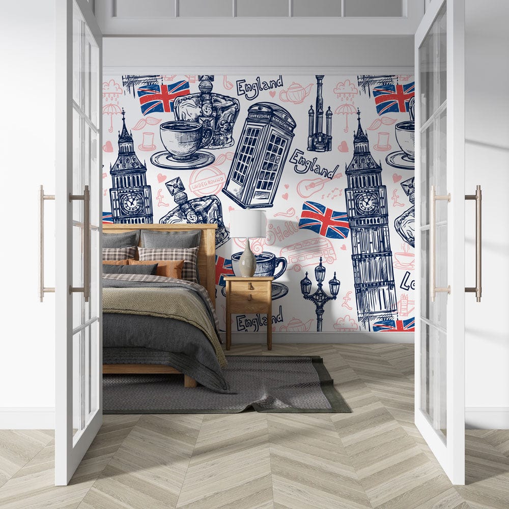 Vintage London wallpaper with Union Jack, Big Ben; grey sofa, herringbone floor, bedroom setting.
