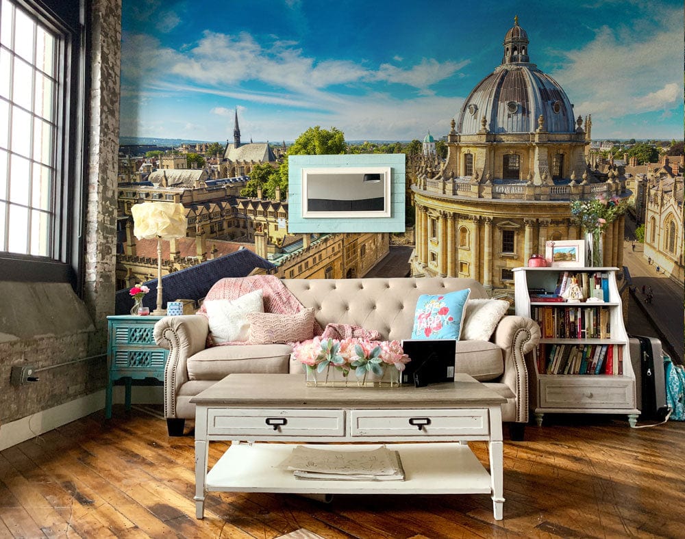 Historic Oxford Skyline Mural Wallpaper in stylish living room, beige sofa, wooden flooring, vibrant decor.