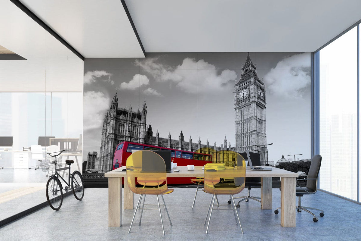 Wallpaper mural featuring iconic London scene with red bus and Big Ben in modern office setting.