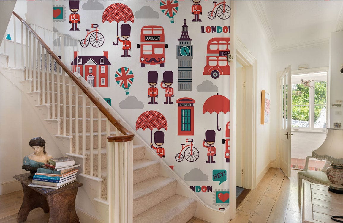 Charming London Icons patterned mural wallpaper in hallway with wooden flooring and neutral staircase decor.