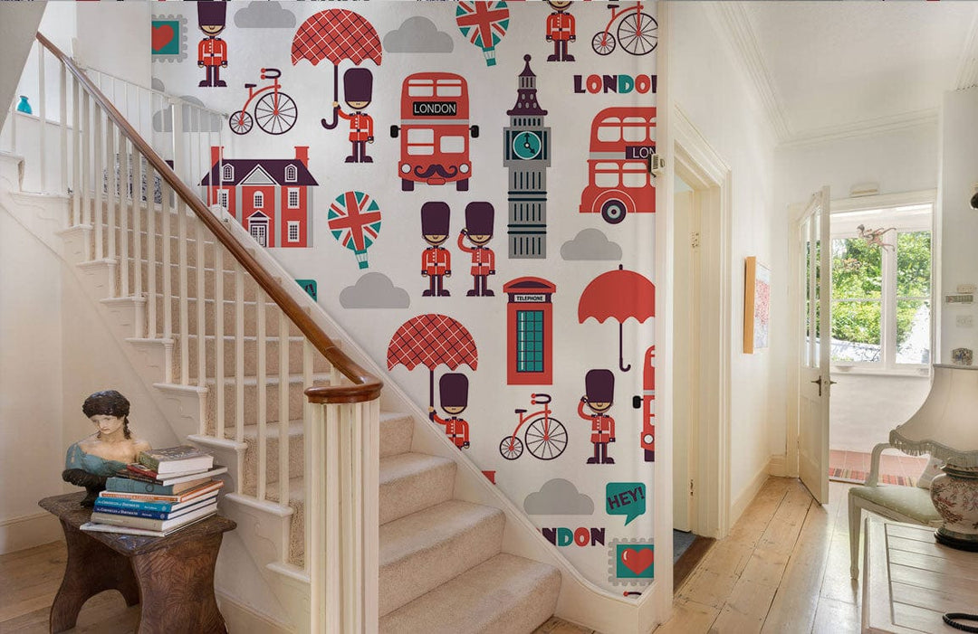 Charming London Icons patterned mural wallpaper in hallway with wooden flooring and neutral staircase decor.