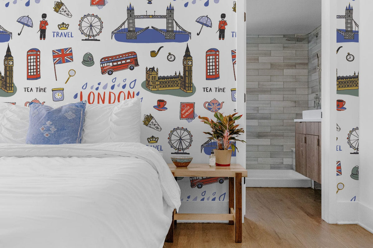 Charming London Icons Repeat Pattern Wallpaper in bedroom, featuring vibrant British colours, wood flooring.