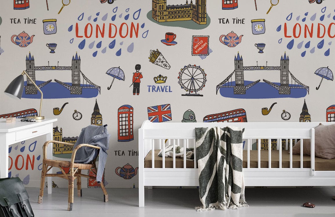 Charming London-themed wallpaper, vibrant British colours, in child's room with white furniture and grey floor.