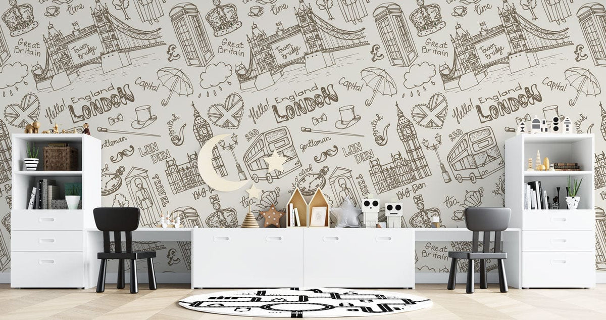 Vintage London sketch wallpaper in beige, white shelves, black chairs, modern living room flooring.