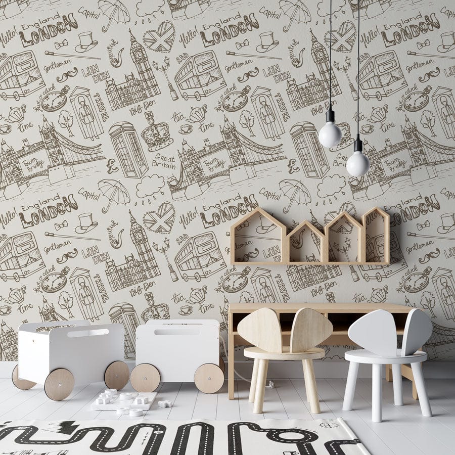 Vintage London Sketch Wallpaper featuring British icons in beige monochrome, modern children's room decor.