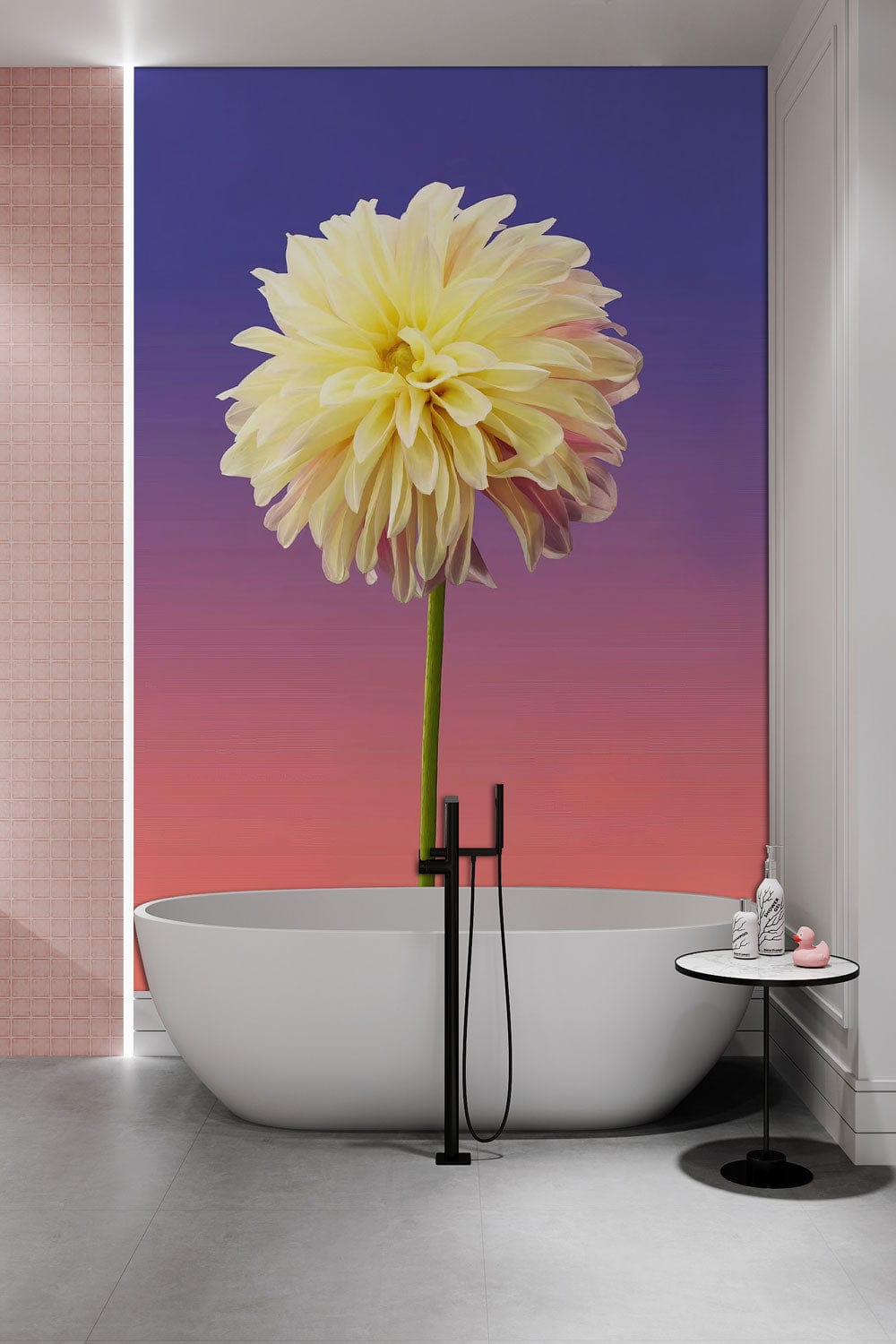 Elegant Yellow Dahlia wallpaper mural in modern bathroom with white freestanding tub and grey flooring.