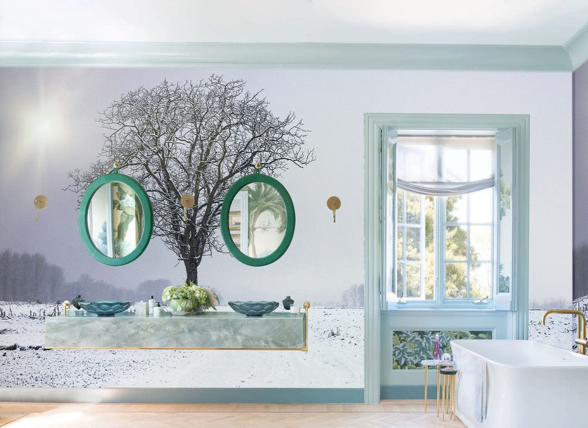 Winter Solitude Mural Wallpaper in bathroom with snowy landscape, elegant bathtub, and light wood flooring.