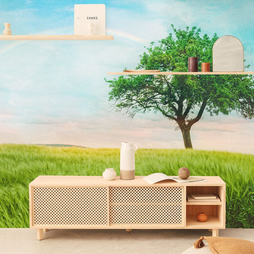 Tranquil Green Meadow Tree Mural Wallpaper, nature-inspired decor with wooden console in living room.