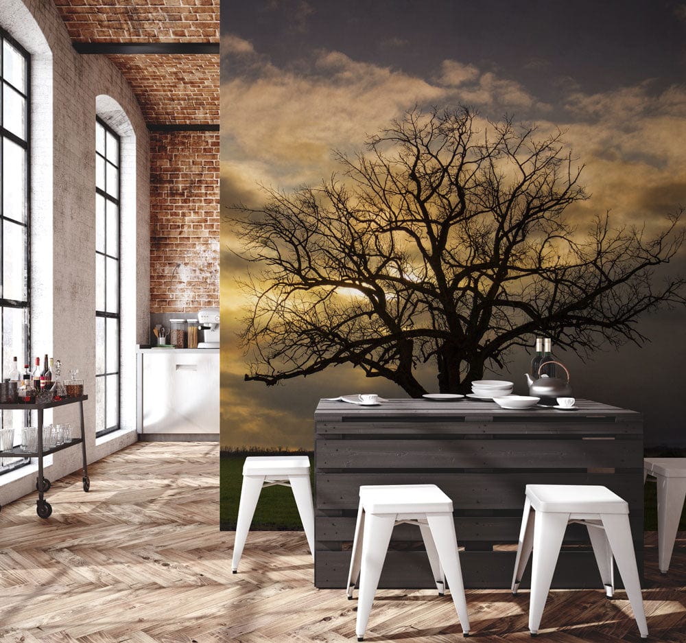 A serene tree mural wallpaper with industrial decor, brick walls, wooden flooring, metal bar cart.