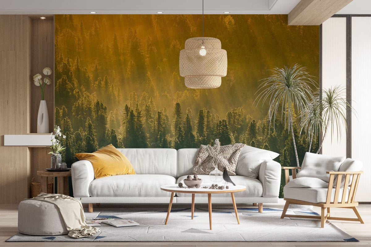 Golden Forest Sunrise Mural Wallpaper, living room, wooden flooring, white modern sofa, pendant light.