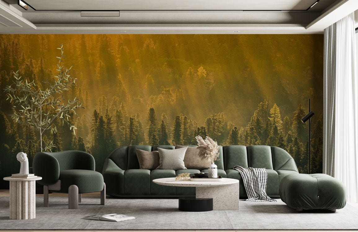 Golden Forest mural wallpaper with sunlight rays, green velvet sofa, modern living room design, grey flooring.