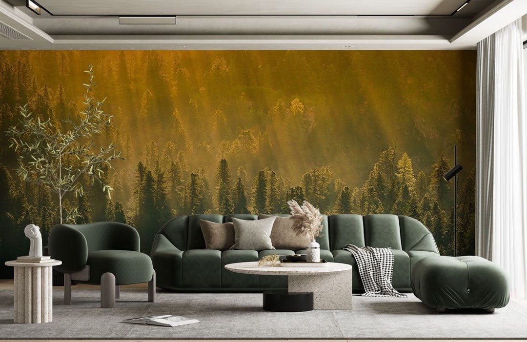 Golden Forest mural wallpaper with sunlight rays, green velvet sofa, modern living room design, grey flooring.