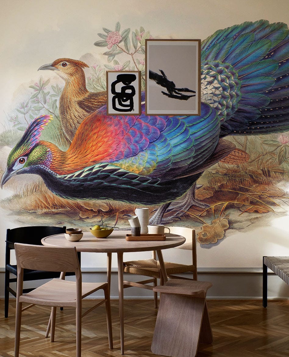 Vibrant Jungle Paradise Bird Mural Wallpaper in dining room with wooden furniture and parquet flooring.