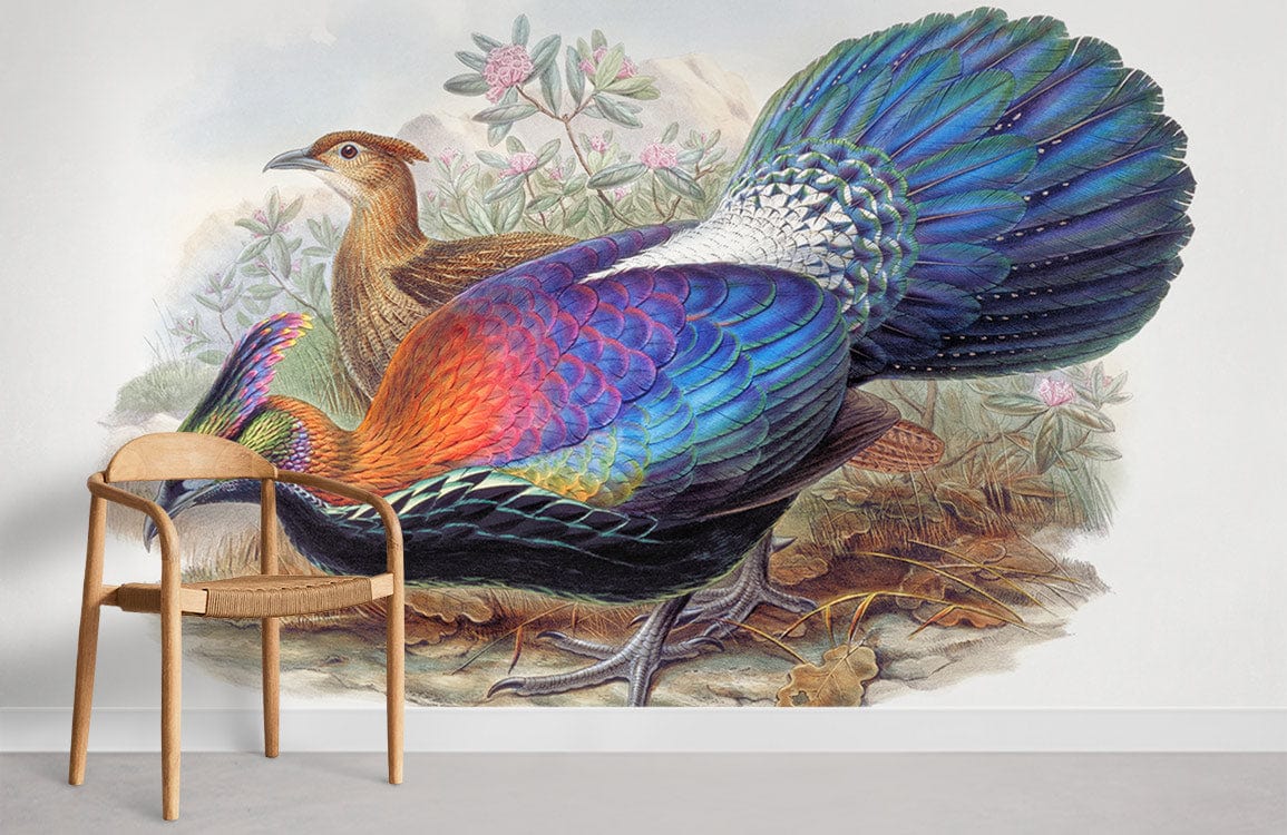 Vibrant Jungle Paradise Bird Mural Wallpaper, colourful design, wooden chair, grey floor, white wall.