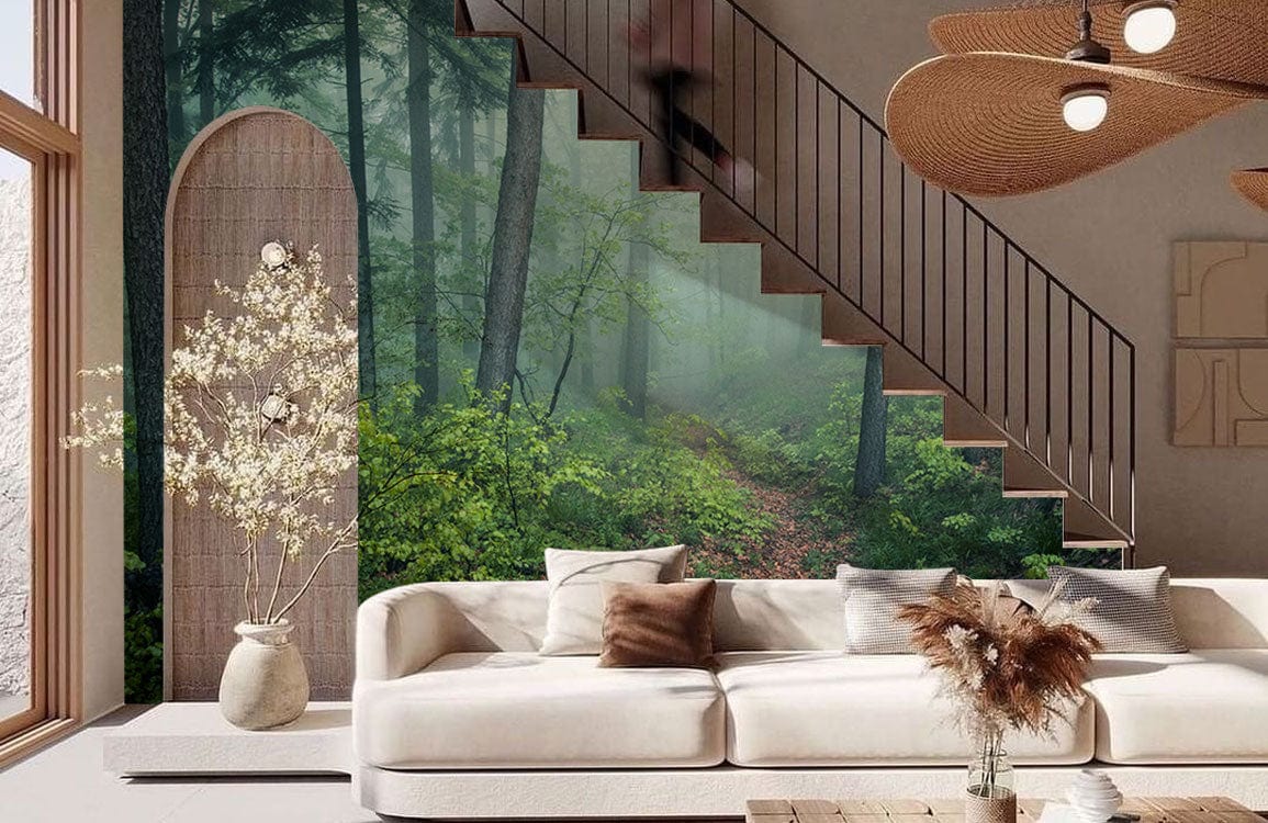 Mystical Misty Forest mural wallpaper, tranquil interior with beige sofa, wooden flooring, neutral decor.