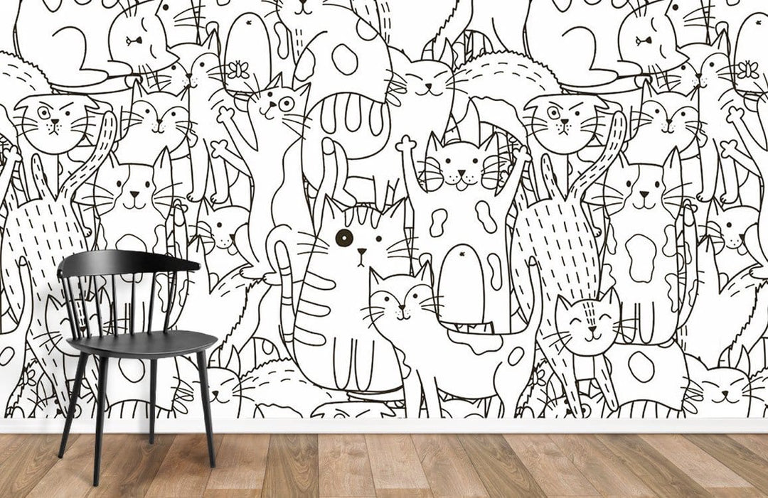 Monochrome cat wallpaper, whimsical art with black chair, wooden flooring in modern room decor.