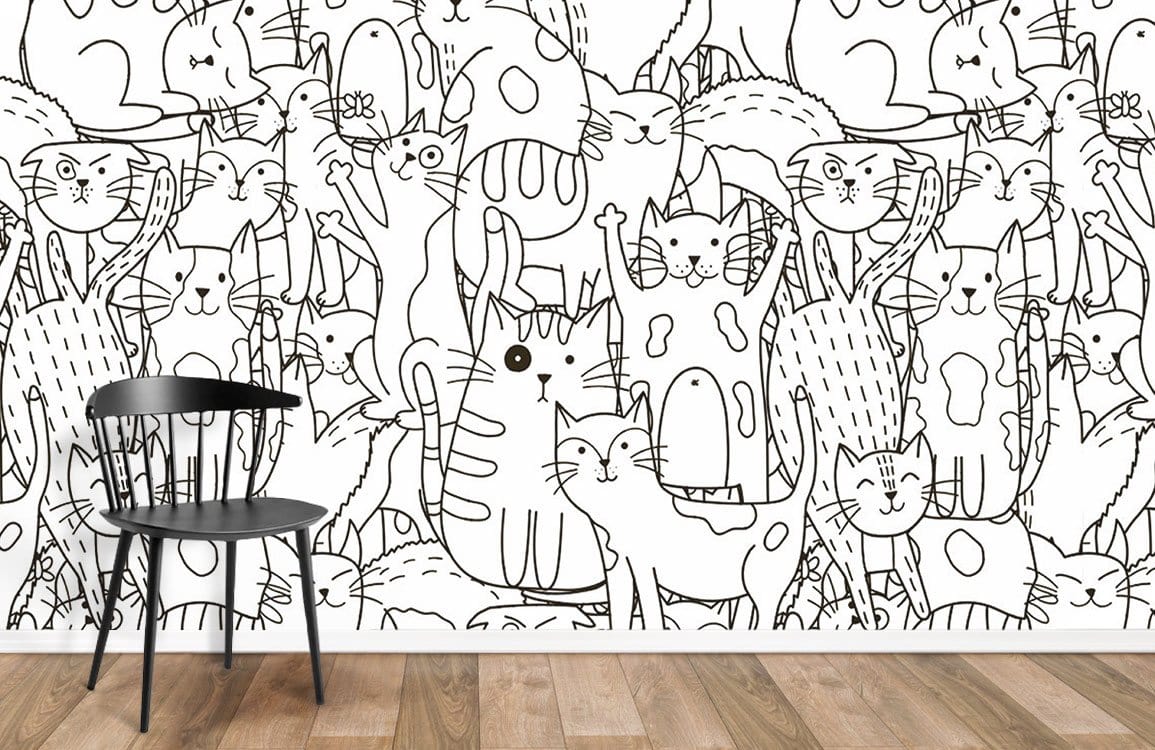 Monochrome cat wallpaper, whimsical art with black chair, wooden flooring in modern room decor.