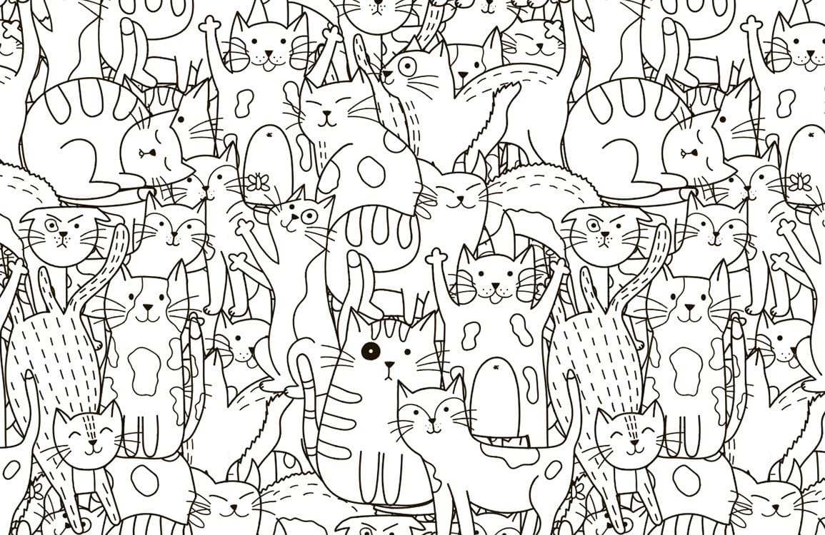 Monochrome Cats Patterned Wallpaper - Whimsical Animal Graphic Design Decor