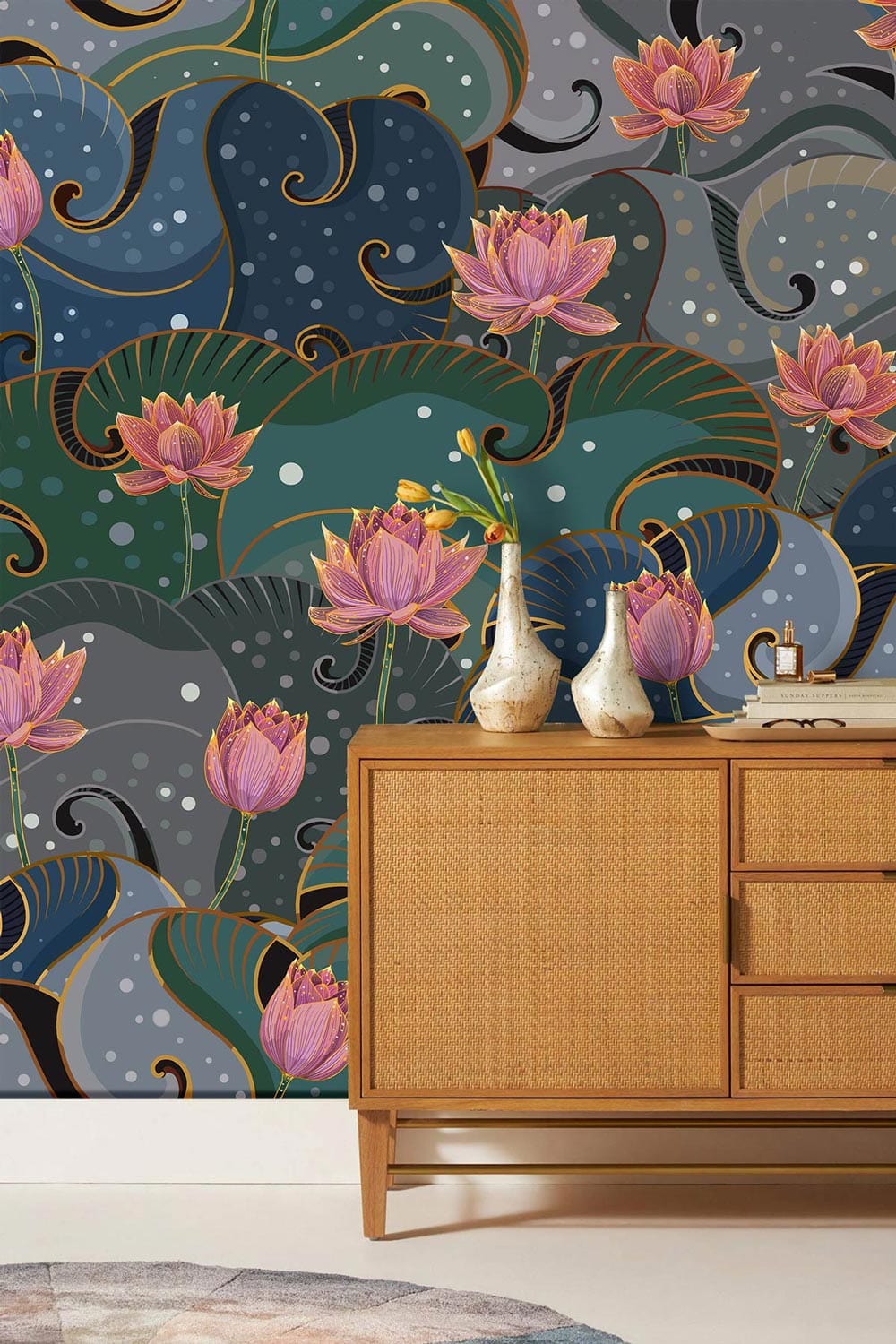 Elegant Lotus Blossom mural wallpaper, art nouveau style, with wood cabinet in modern living room setting.