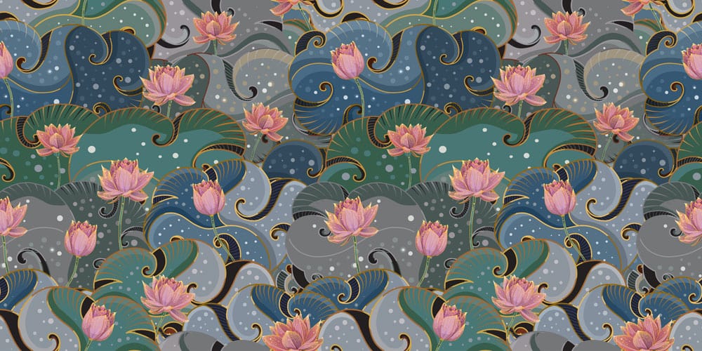 Elegant Lotus Blossom Grey and Teal Art Nouveau Mural Wallpaper